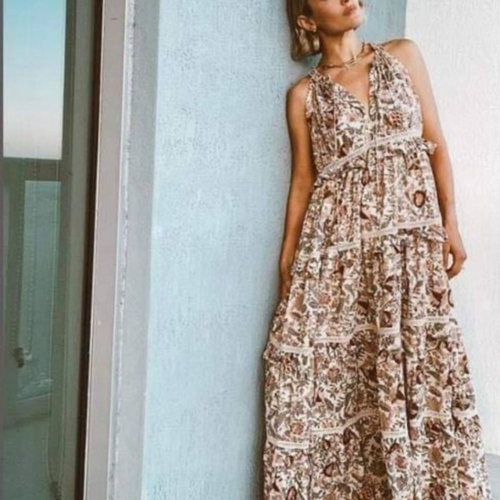 Anthropologie Floral Maxi Dress - Cream and Brown